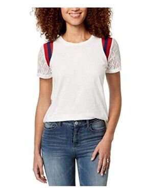 Rebellious One Juniors Lace Sleeve Striped Shoulder Top Size S